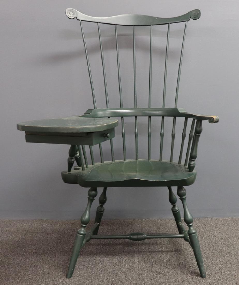 Pennsylvania Style Windsor Writing Armchair: Green painted Pennsylvania style Windsor writing armchair signed, "Douglas Cambell," 47"h x 28"w, seat height 17"