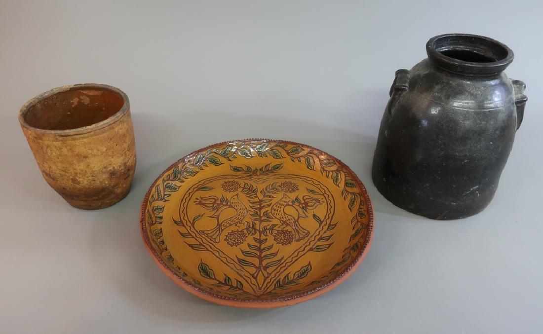 Foltz Pottery Redware Plate & Other Redware Items: Foltz Pottery redware plate dated 1988, 13 1/2"dia, a redware bean pot, 6 1/4"h, etc.