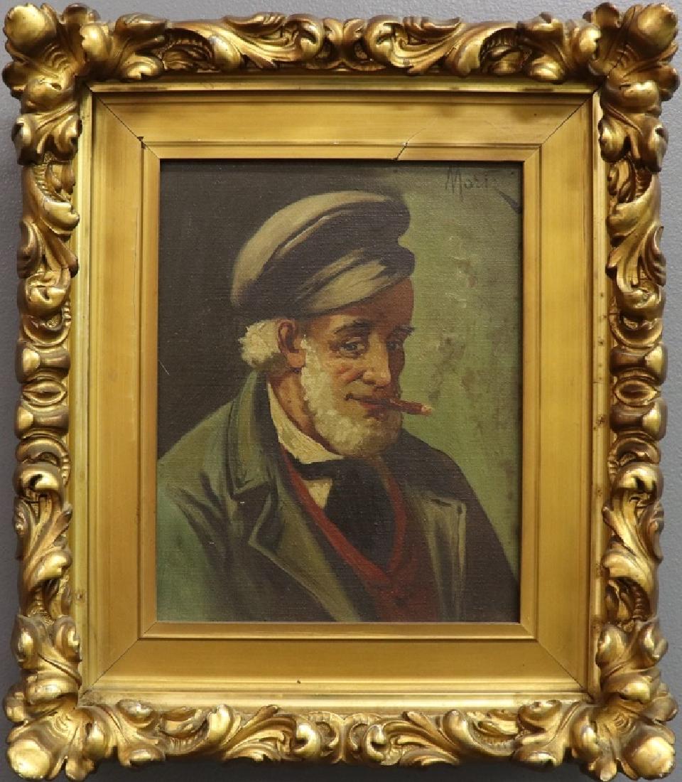 Oil on Canvas Portrait of a Man Circa 1880: Oil on canvas portrait of a man smoking, circa 1880, signed upper right "Mortz(?)", sight 9 1/2"h x 7 1/2"w