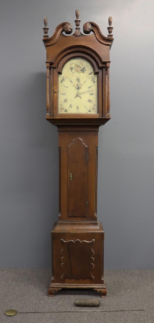 Pennsylvania Chippendale Walnut Tall Case Clock: Pennsylvania Chippendale walnut tall case clock with broken arch bonnet, rare and unusual 30-hour works, tombstone door, raised turtle base, and ogee bracket feet; provenance Conestoga Auctions, see r