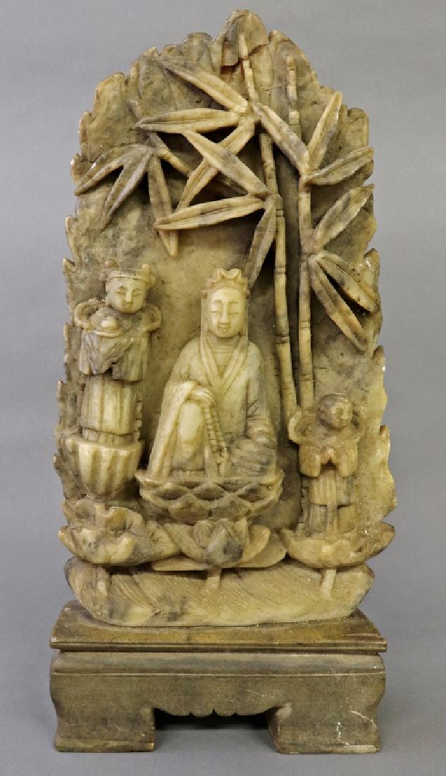 Qing Dynasty Carved Soapstone Guan Yin Deity: Qing Dynasty carved soapstone figural group with goddess Guan Yin, as found, 18 1/2"h x 8 1/2"w x 3"d