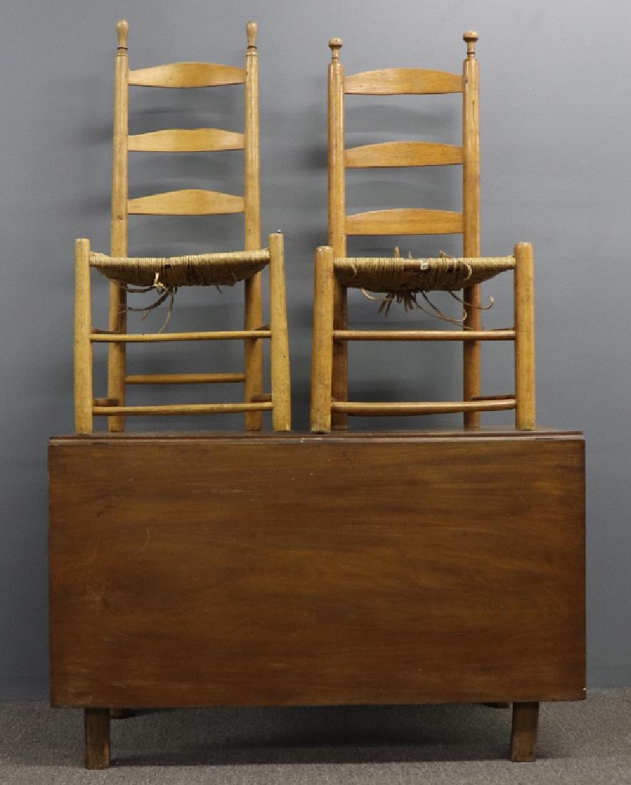 Mahogany Drop-Leaf Table & Two Chairs: Mahogany drop-leaf table (as found) 28"h x 45"l, together with two chairs