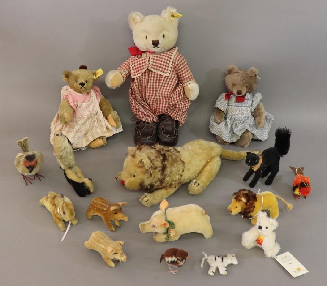 Stuffed Animal Grouping to Include Nine Steiff: Fourteen stuffed animals to include nine Steiff animals together with other examples and two ornaments, largest bear 13"h
