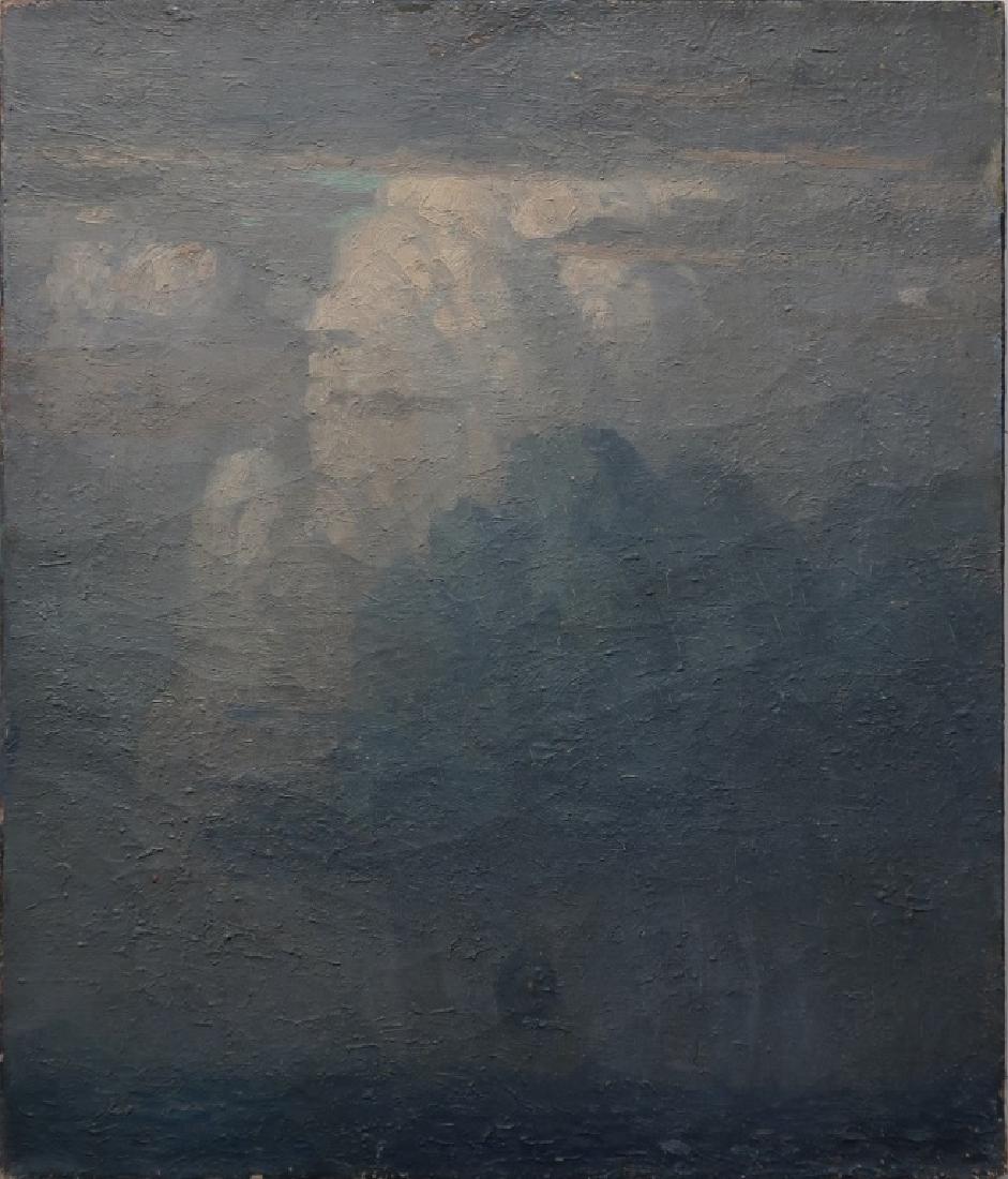 Norwood MacGilvary Oil on Canvas Marine Painting: Norwood MacGilvary (American, 1874 - 1949) oil on canvas "The Storm in...", of a storm at sea, unsigned, handwritten label verso with title and artist, as found with some losses to paint, unframed, 36