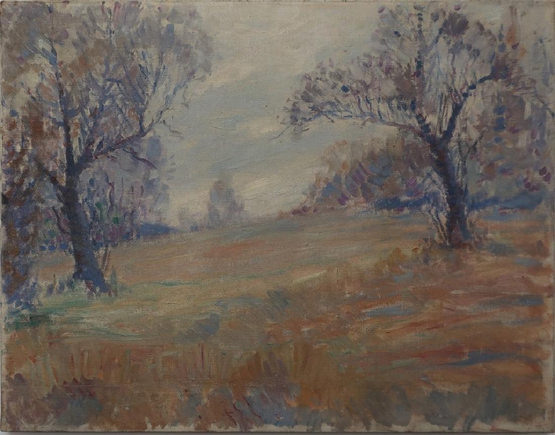 American School Impressionist Landscape: American School Impressionist landscape with trees, signed and dated verso "...Robinson 1903", unframed, as found, with some loss to canvas, 20"h x 25 3/4"w