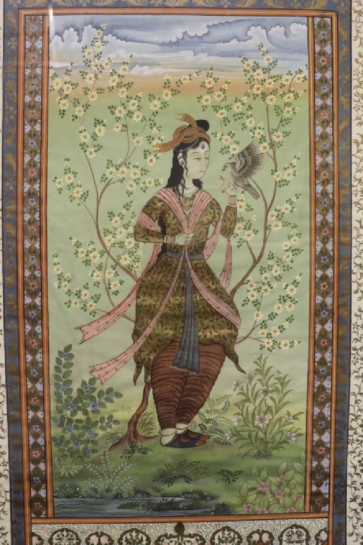 Mughal Garden Scene Gilt Gouache on Silk: Large, intricate Picchwai gilt gouache on silk Mughal court garden scene of a bejeweled young woman holding a small falcon, surrounded by blossoming trees, with elaborate floral borders, unsigned, pro