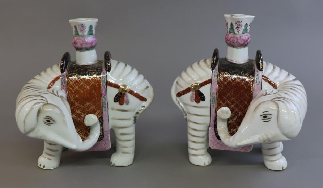 Pair Mottahedeh Elephant Candleholders: Pair of Mottahedeh Winterthur reproduction elephant figural candleholders, 10"h x 9"w