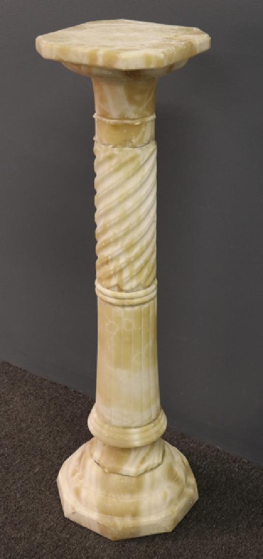 Carved Alabaster Column Form Pedestal: Carved alabaster column form pedestal, as found, 40"h