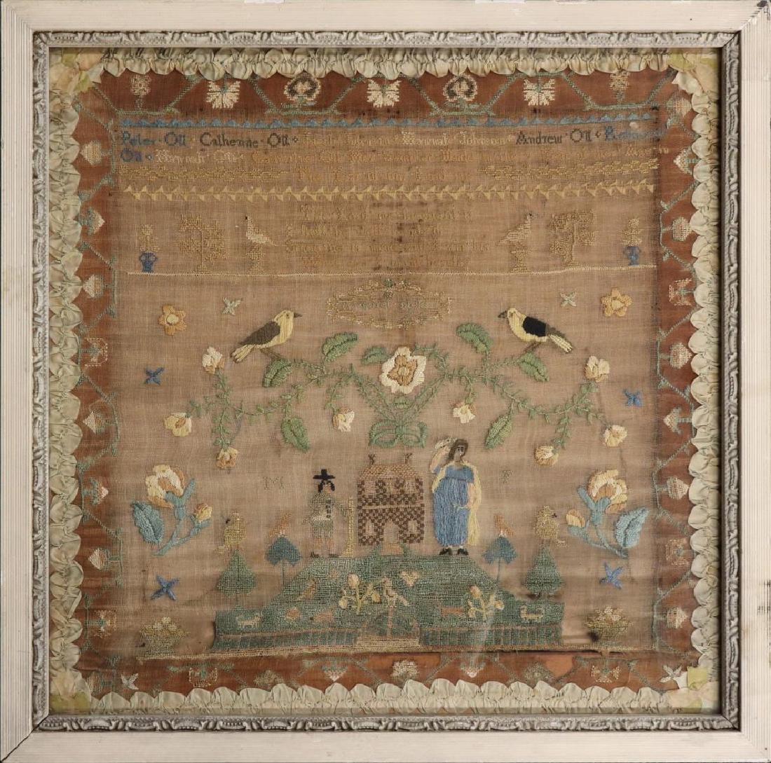 Silk on Linen Family Sampler Margaret Dicks 1815: Colorful silk on linen family sampler wrought by Margaret Dicks, 1815, with verse, flowers and birds, and a strawberry border, as found, 17"h x 17"w