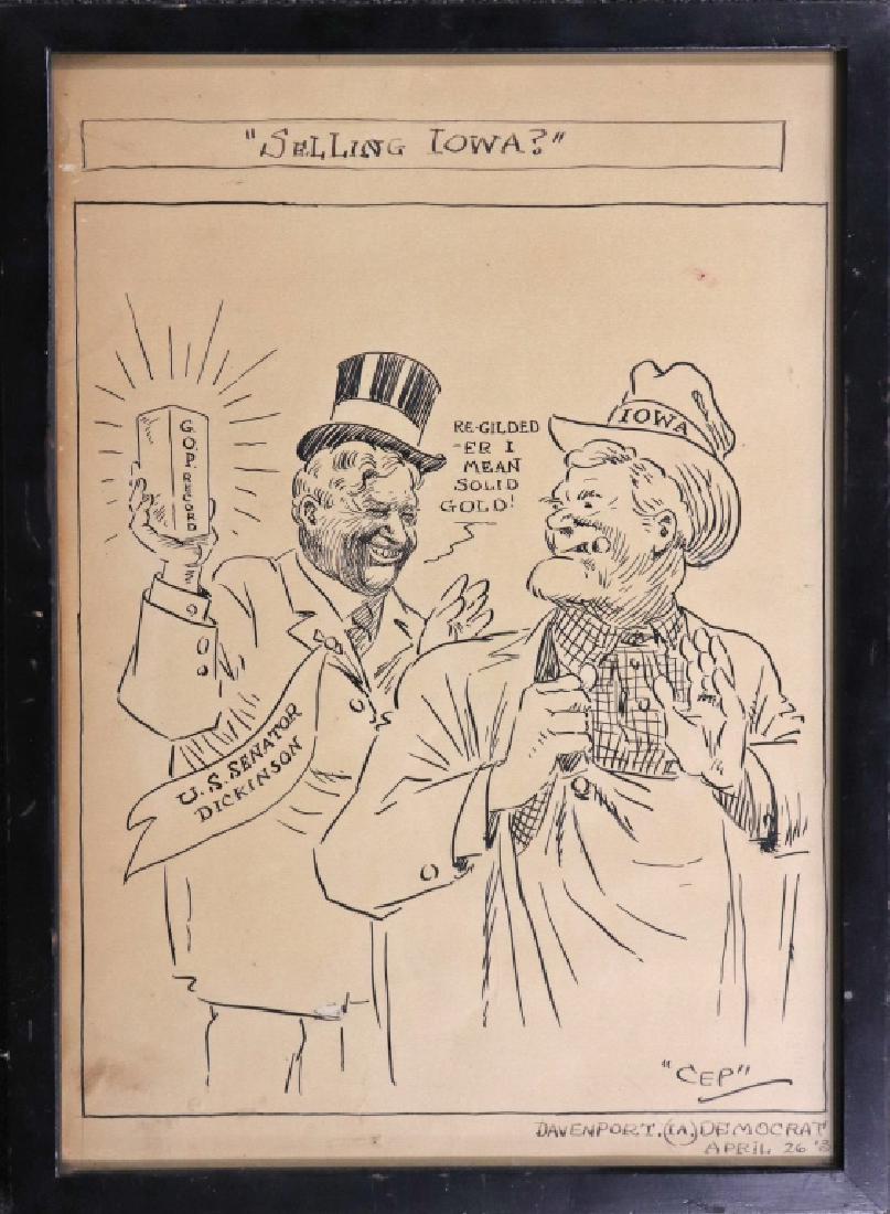 1931 Political Cartoon "Selling Iowa?": Political cartoon published in the "Davenport Democrat and Leader" newspaper, dated April 26, 1931, titled "Selling Iowa?",depicting Senator Lester J. Dickinson (R-IA, 1931-1937), sight 19 3/4"h x 13 