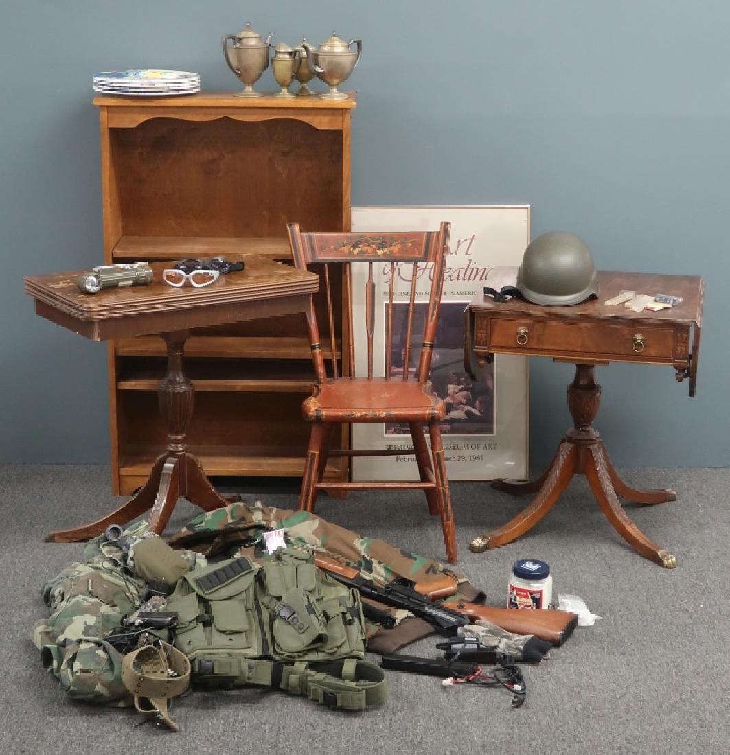 Furniture, Tableware, & Children's Air Soft Gear: Grouping of a bookcase, two tables, a painted plank-bottom chair, a poster of Thomas Eakin's "The Gross Clinic", a silver plate tea service, four ceramic plates, and an "Ultra Force" children's comman