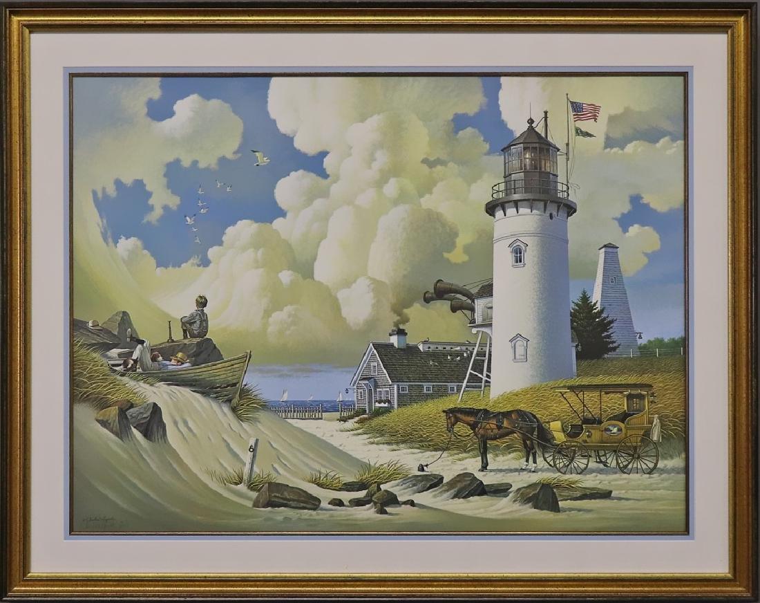 Charles Wysocki Framed & Matted Print, "Dreamers": Charles Wysocki (California/Michigan, 1928-2002) framed and matted print of Cape Cod, MA, signed and numbered, titled, "Dreamers," 23 1/2"h x 32"w sight