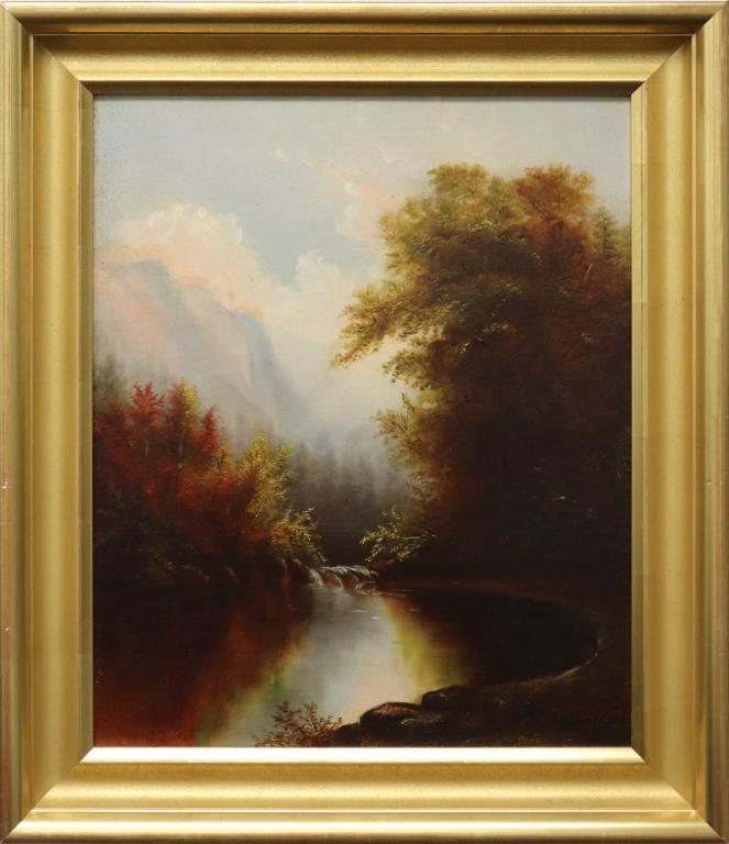 William Hart Hudson River School Fall Landscape: William Hart (New York / Scotland, 1823 - 1894) Hudson River School oil on board fall lake landscape, signed lower right, sight: 15 1/2"h x 12"w