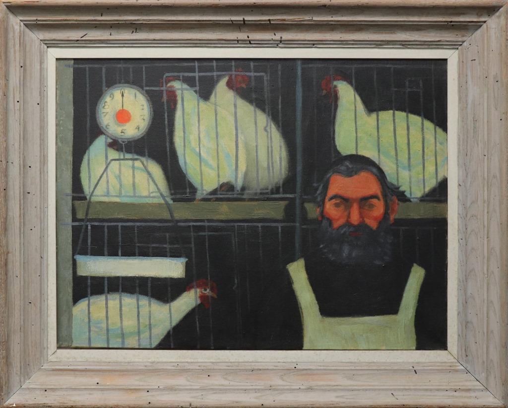 Arthur Flory Oil on Canvas "Scochet": Arthur L. Flory (Pennsylvania / Ohio, 1914-1972) oil on canvas portrait of a butcher with chickens, titled in Hebrew, "Schochet," circa 1950, signed and titled verso on stretcher, Flory was Head of th