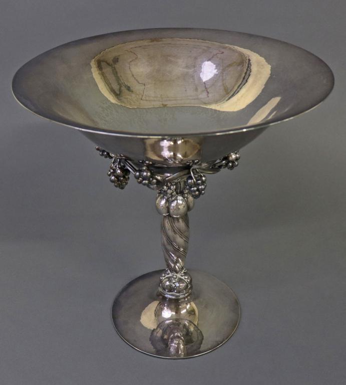 Large Grape Decorated Sterling Silver Compote: A large Georg Jensen, Denmark, 264A sterling silver grape decorated compote, 10 1/2"h x 10"dia, 44.93 Troy ozs