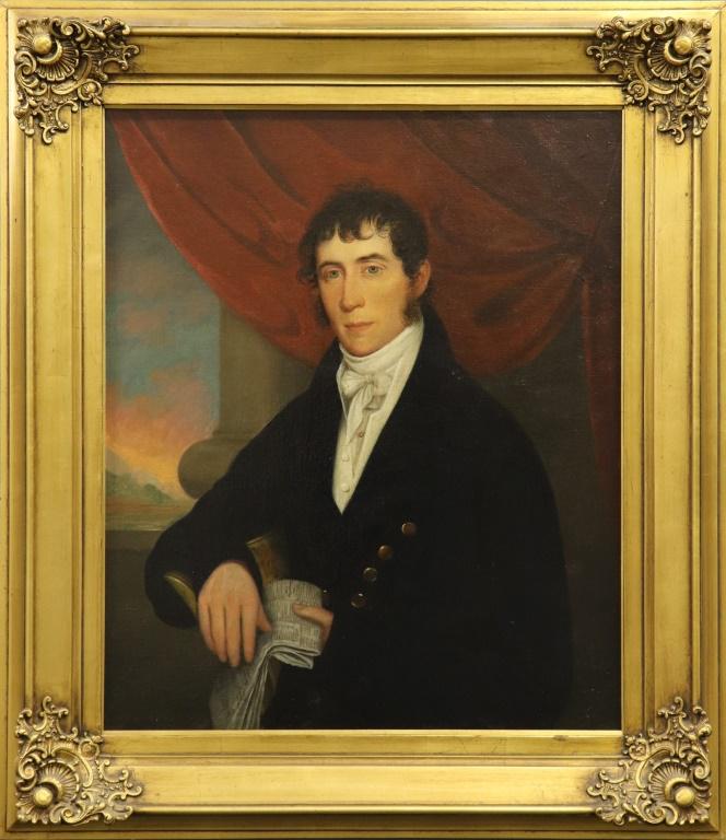 Portrait of a Man in Manner of Robert Street: Oil on canvas portrait of a gentleman circa 1830, unsigned, in the manner of Robert Street, mounted in an ornate frame, sight 30 1/2"h x 25 1/4"w