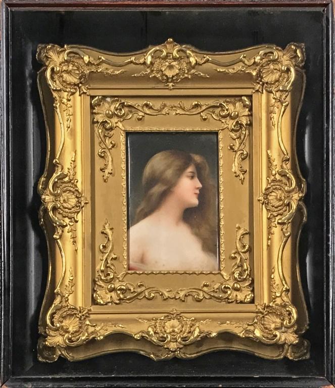 German Painted on Porcelain Portrait of a Woman: German painted on porcelain portrait of a young woman, signed lower right, "Wagner" and mounted in an ornate gilt frame, sight: 5 1/2"h x 4"w