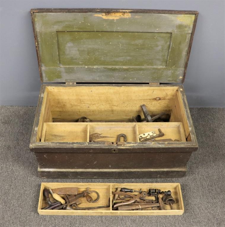 Woodworker's Tool Chest and Tools: Woodworker's tool chest and miscellaneous tools, 15 1/2"h x 34 1/2"w