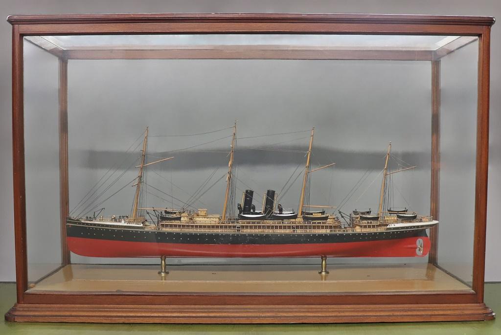 Finely Detailed Wood Ship Model "Oceana": Finely detailed wood model of the ship "Oceana" mounted in a mahogany and glass case; the Oceana was built in 1887 by Harlon A. Wolfe Shipyard and was sunk in a collision with a German ship in the Eng