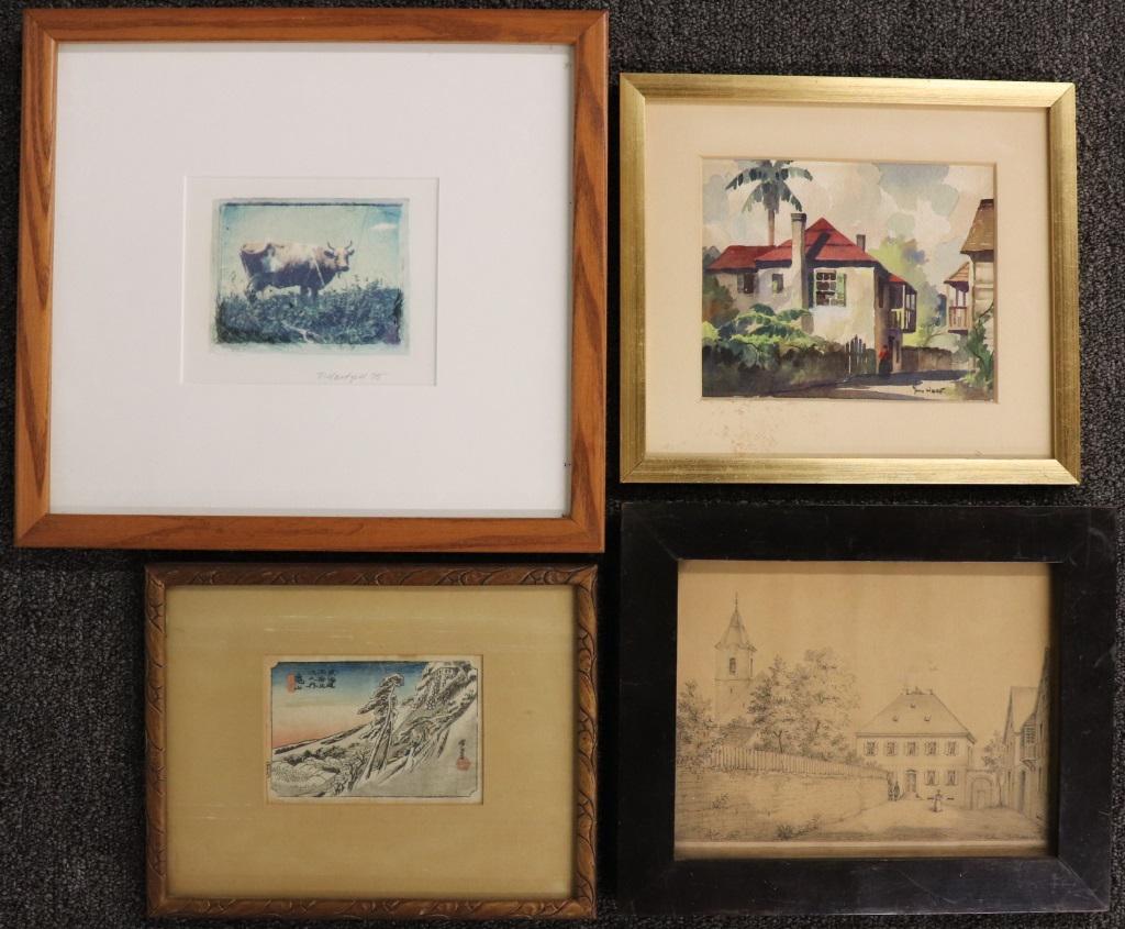 Grouping of Pictures Including Tropical Watercolor: Four framed and matted pictures to include a watercolor tropical village scene, signed lower right "Yann Hart," sight 5 1/4"h x 6 1/4"w; an early English drawing of a town scene with figures, signed l
