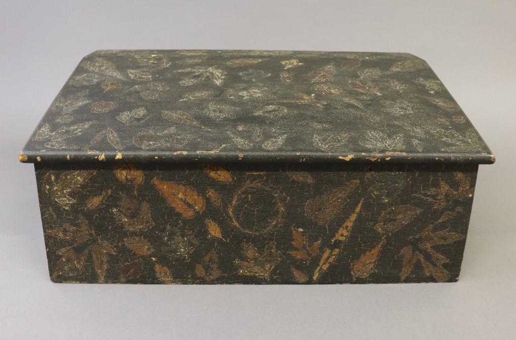 Pine Slant-Lid Storage Box, 19th Century: Pine slant-lid storage box with leaf motif decoration, 19th century, 9"h x 19"w