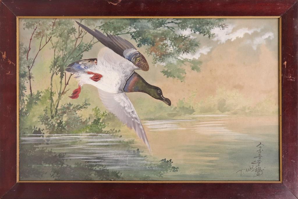 Toshio Aoki Watercolor of a Duck in Flight: Toshio Aoki ( California / Japan, 1854 - 1912) framed watercolor on paper of a duck in flight over water, signed lower right "T. Aoki," sight 13 1/2"h x 21 1/2"w