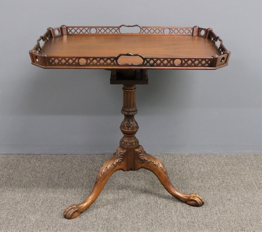 Baker Chippendale Style Tray Top Tea Table: Baker Chippendale style mahogany tray top tea table, 30 1/2"h x 30"w