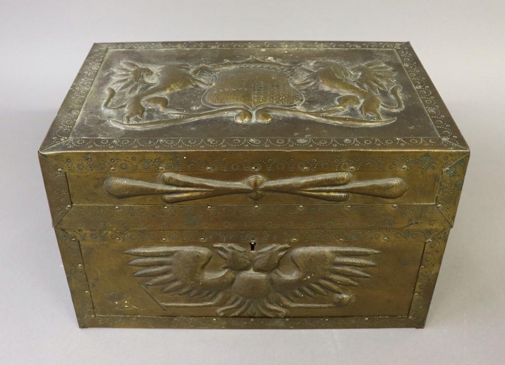 Continental Brass Storage Box with Armorial Crest: Continental brass storage box with double-headed eagle and lion armorial crest, 7 1/2"h x 13 1/2"d