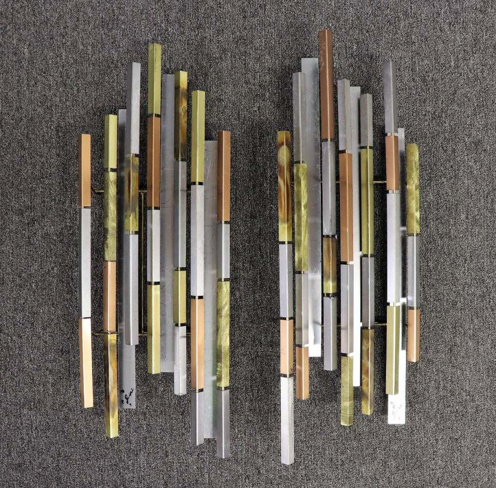Curtis Jere Pair of Metal Hanging Wall Sculptures: Curtis Jere pair of metal hanging wall sculptures, signed, each 24"h x 8"w