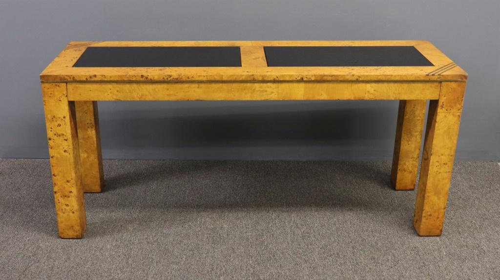 Paul Evans Cityscape Console Table: Mid-century modern Paul Evans Cityscape burlwood style and black glass console table, 26"h, top 58" x 18"