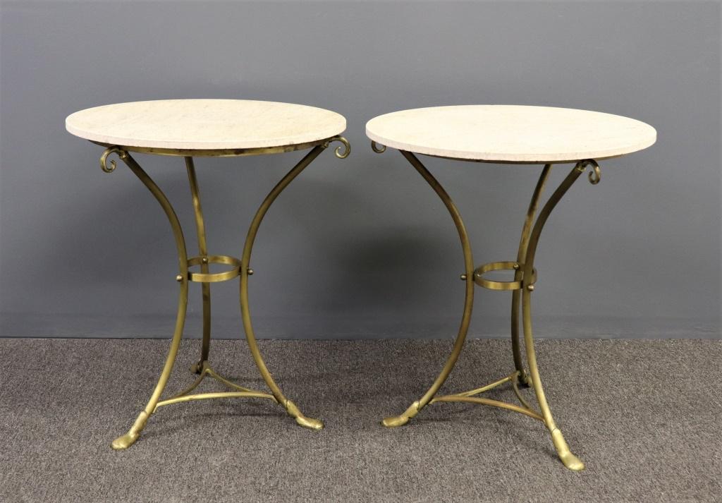 Pair Jansen Brass & Travertine GuÃ©ridons: Pair of mid-century modern Jansen brass and travertine guÃ©ridons (tables), 24"h x 21"dia