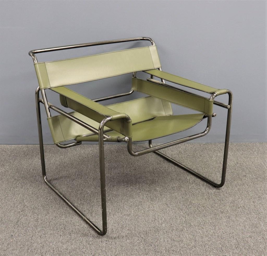 Bauhaus Knoll International Wassily Chair: Knoll International Wassily Chair, Bauhaus design, in green leather and chrome, 28 1/2"h x 31"w, seat height 16"