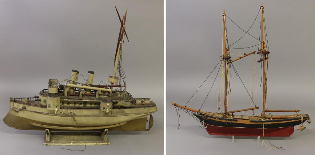 Carved Ship Model of the Battleship, "Edward VII": Folk art wood carved ship model of the battleship, "Edward VII," 20"h x 24"l, as found, together with a wood schooner.