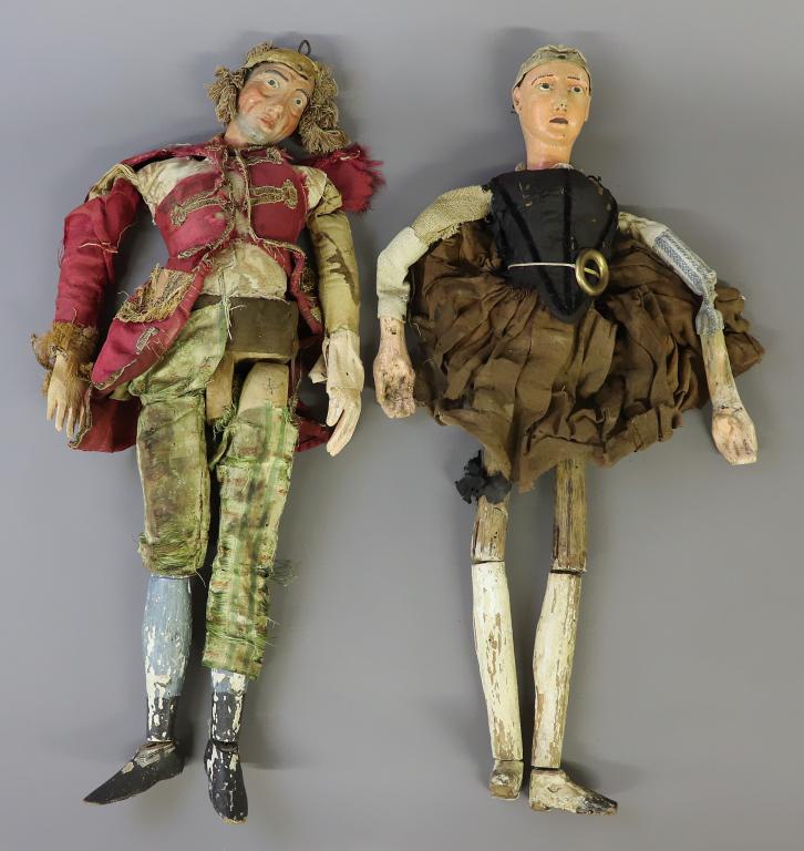 Pair of Continental Wood Theatre Puppets: Pair of continental wood theatre puppets, late 19th c., each 24"l