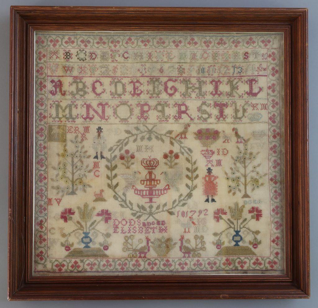 Intricate Silk on Linen Sampler Dated 1792: Intricate silk on linen sampler dated 1792, with ABC's, flowers, and animals in a strawberry border, 12 1/2"h x 12 3/4"w