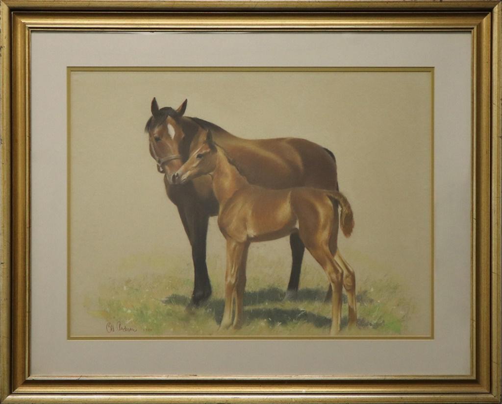 Clarence W. Anderson Pastel, "The Secret": Clarence William Anderson (American, 1891-1972) framed and matted pastel equine portrait of a mare and foal, titled, "The Secret," signed lower left and dated 1940, sight 18"h x 24"w Provenance Wieder