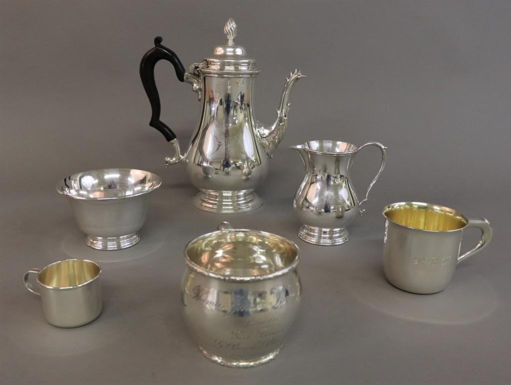 Sterling Silver Tableware & Unmarked Pieces: Sterling silver tableware and unmarked pieces, including a coffee pot, 9 1/2"h