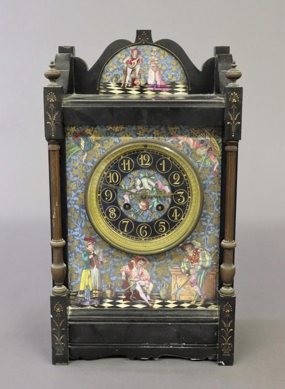 Victorian Aesthetic Movement Black Slate Clock: Victorian Aesthetic Movement black slate clock with medieval scene, 15"h x 8 1/2"w W.A.I. does not guarantee clocks to be complete or in working order