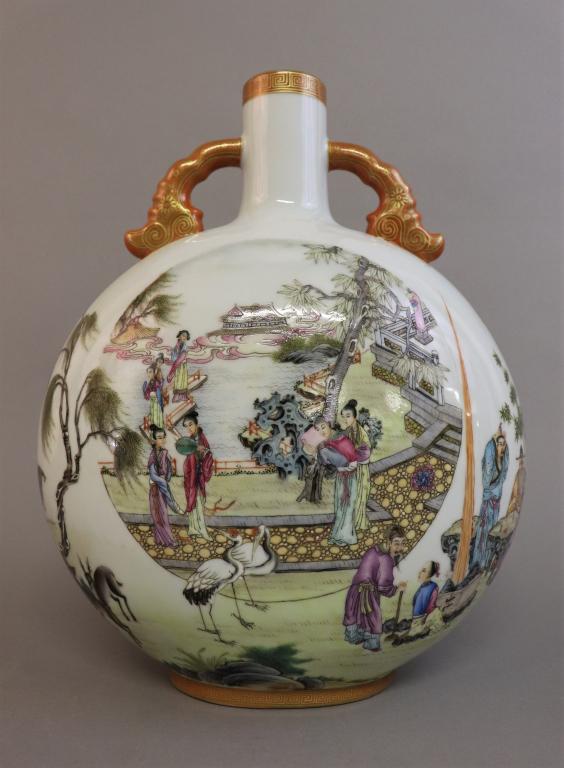 Chinese Porcelain Moon Flask: Chinese porcelain moon flask decorated with garden scenes, 13"h x 10"w x 6"d