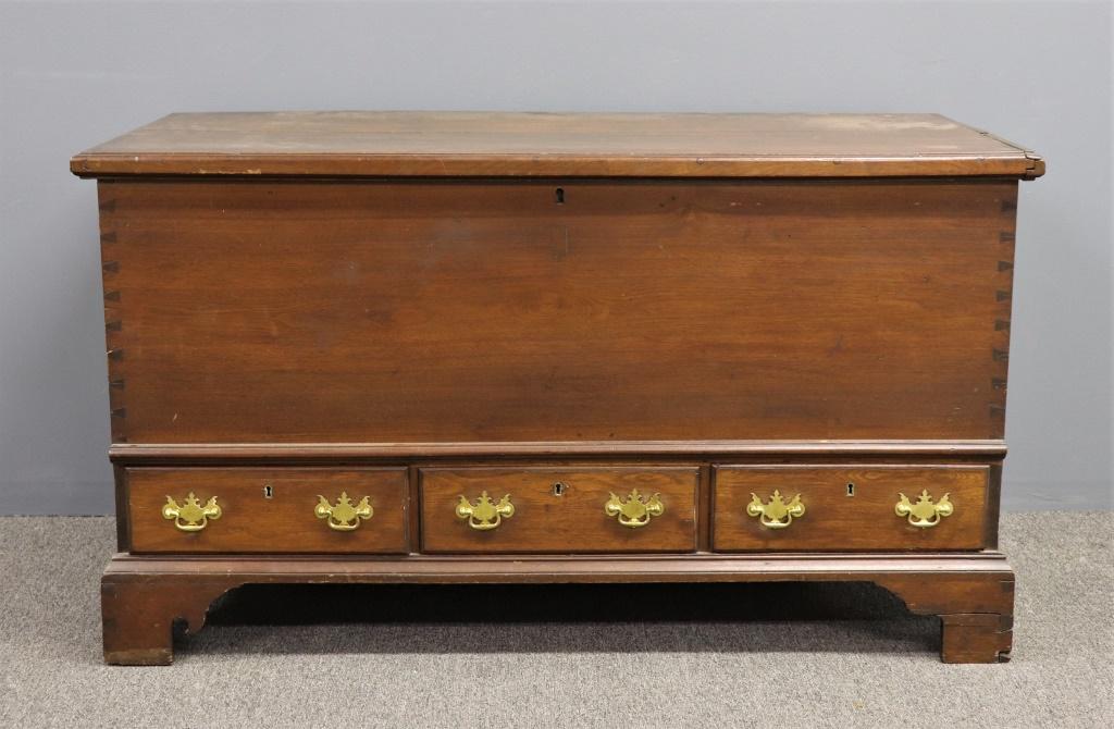 Pennsylvania Chippendale Walnut Blanket Chest: Pennsylvania Chippendale walnut blanket chest, 18th century, with three drawers and straight bracket feet, 29"h x 52"w x 24"d