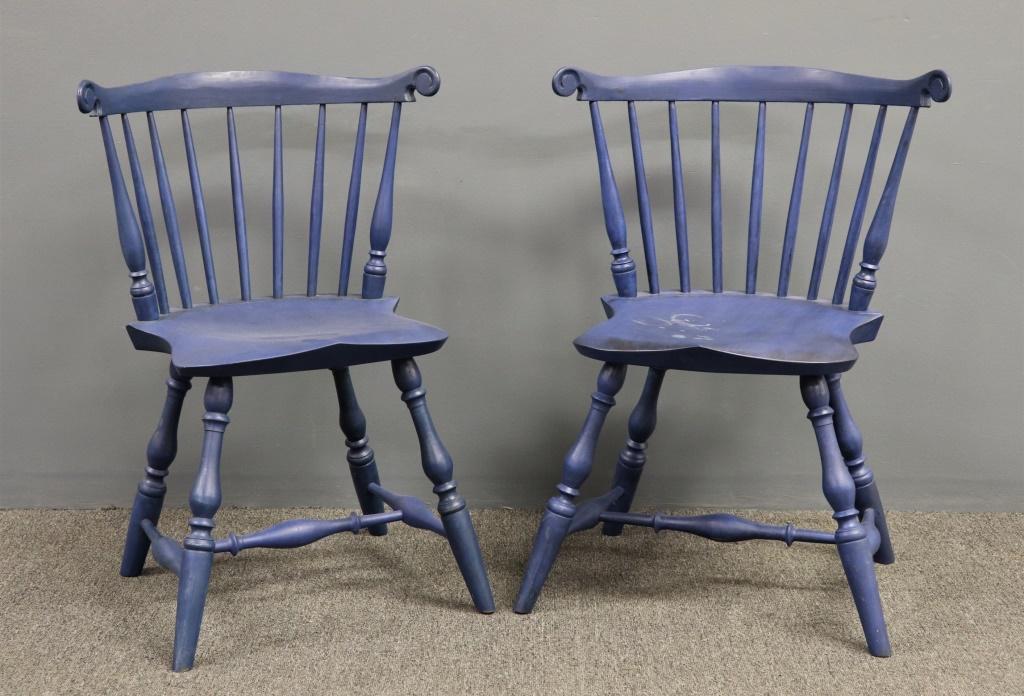Pair of Blue Painted Windsor Style Side Chairs: Pair of blue painted Windsor style side chairs, signed "P. Wallace", 29 1/2"h x 22"w x 17"d, seat height 16"