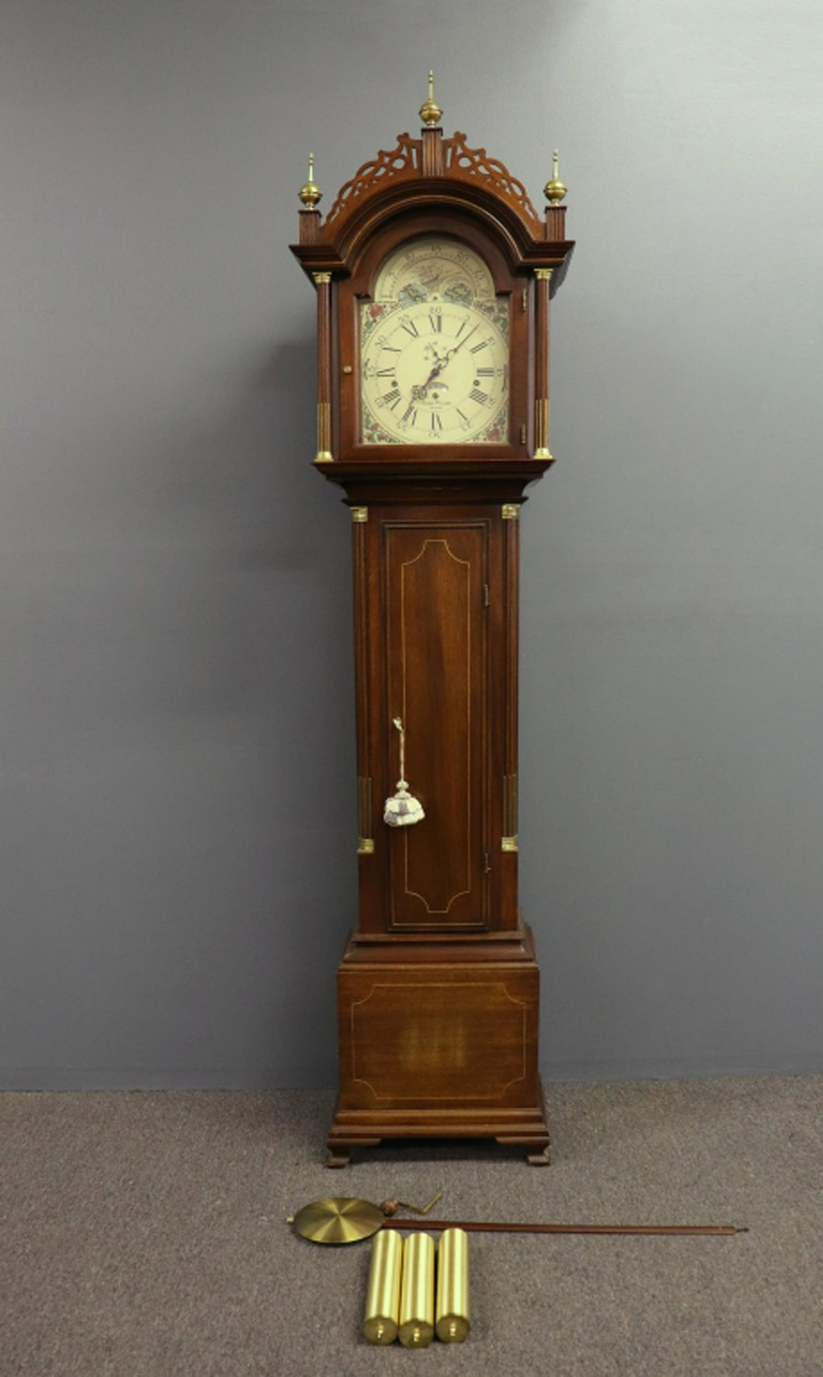 Aaron Willard Style Tall Case Clock: Aaron Willard style Roxbury mahogany tall case clock by Sligh, 84"h W.A.I. does not guarantee clocks or watches to be in working condition.