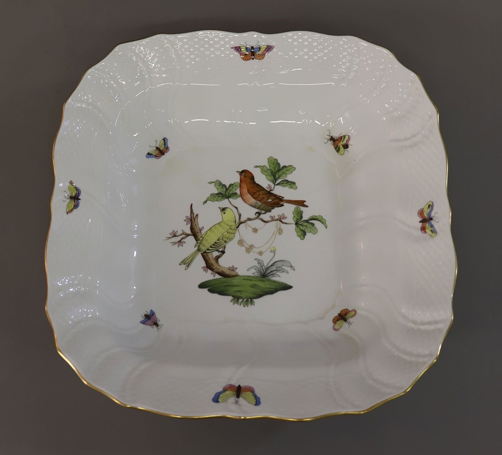 Large Herend Porcelain Deep Dish: Large Herend Hungarian hand painted porcelain deep dish, 2 1/4"h x 10 1/4"w x 10 1/4"l