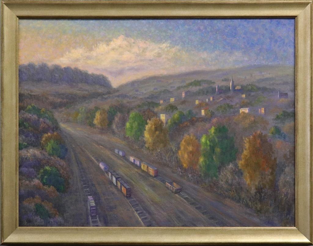 Ross Wood Roxborough, PA Landscape with Trains: Ross Wood (Pennsylvania, b. 20th c.) oil on canvas landscape of Roxborough, Pennsylvania with trains, signed lower left, sight 23 1/2"h x 31 1/2"w