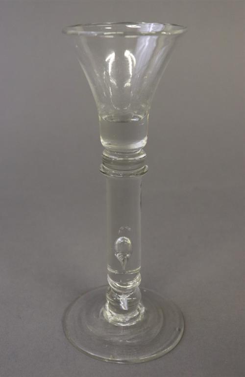 English Wine Glass with Teardrop Shaft: English wine glass, 18th century, with teardrop shaft, 6 1/2"h
