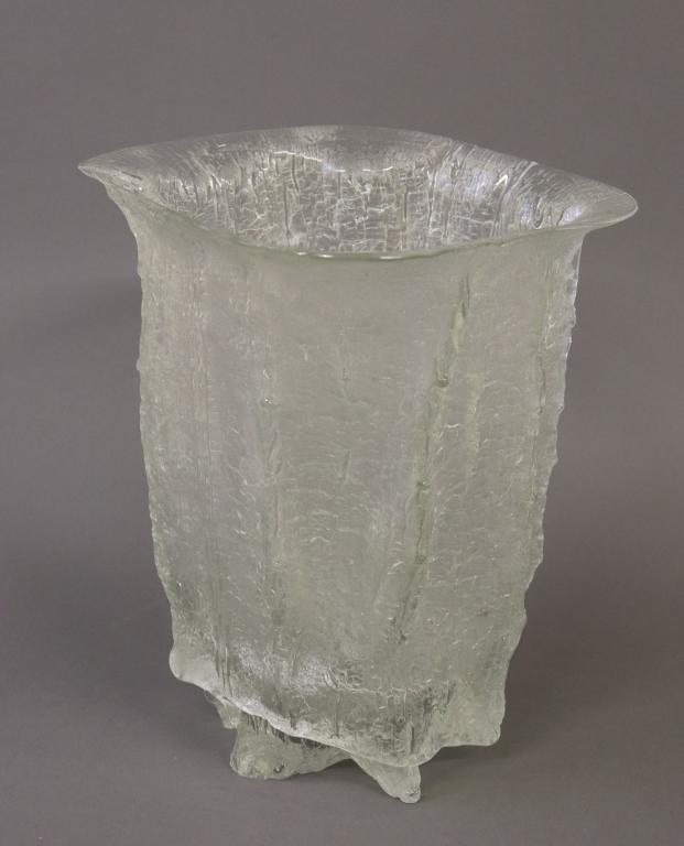 Timo Sarpaneva Finnish Designer Glass Vase: Timo Sarpeneva (Finland, 1926 - 2006) Finnish designer glass vase, sculptural form, signed, 12"h x 11 1/4"w