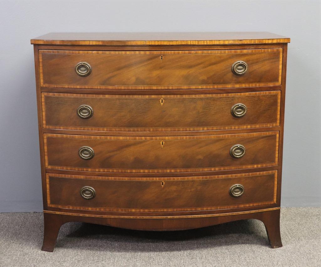 Historic Charleston Bow-Front Chest of Drawers: Historic Charleston Collection by Baker Hepplewhite style mahogany inlaid bow-front chest of drawers, 335"h x 40 1/4"l x 20 1/2"d