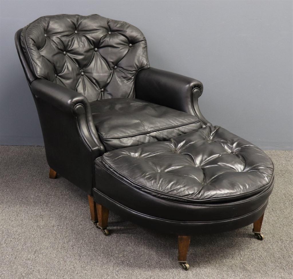 John Stuart Black Leather Club Chair and Stool: John Stuart black leather club chair and stool, chair 34"h x 32"w x 36"d, stool 13"h x 28"w x 21"d