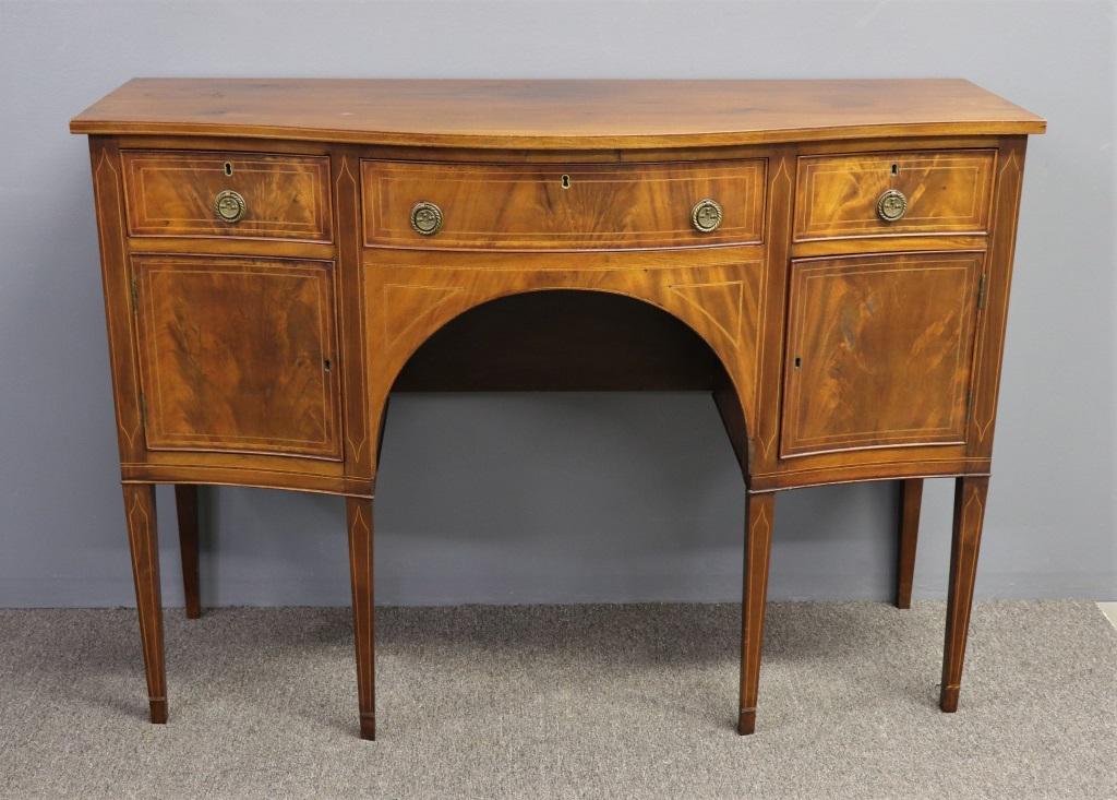 Baltimore Hepplewhite Style Mahogany Sideboard: Baltimore Hepplewhite style mahogany inlaid sideboard, 38 1/2"h x 54 1/2"w x 20 1/2"d