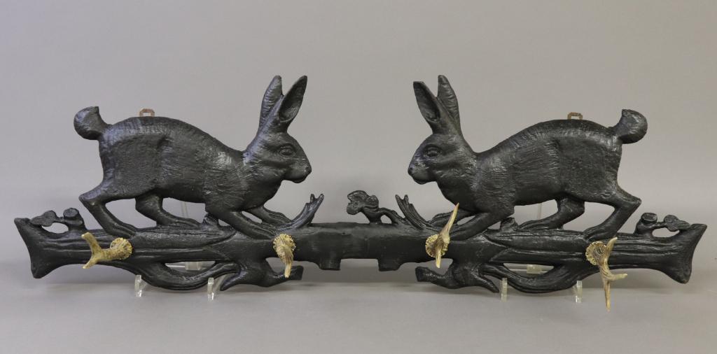 Black Forest Style Carved Rabbit Coat Rack: Black Forest style carved rabbit coat rack with stag horns, 12"h x 38"w